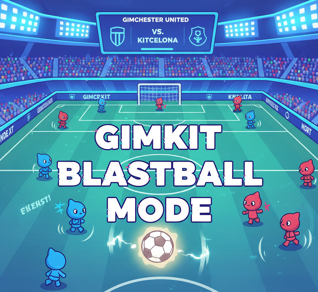 Gimkit Blastball 2D soccer-style game mode with teams blasting a ball toward goals by answering quiz questions.