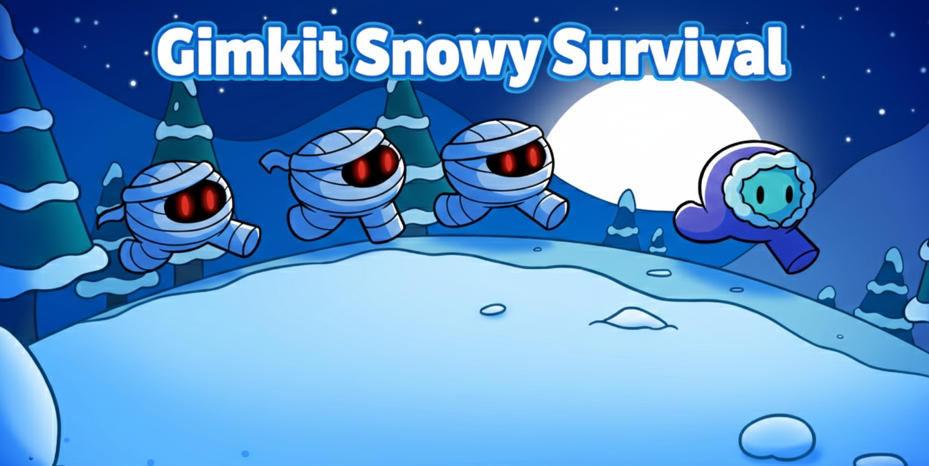 Gimkit Snowy Survival guide covering infection-style gameplay, item farming costs, map zones, host settings, and hidden lore secrets.