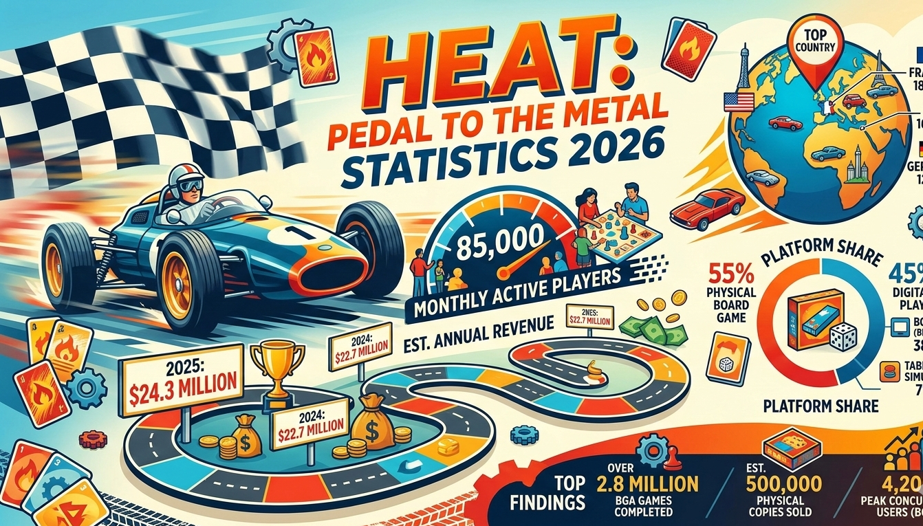 Heat: Pedal to the Metal statistics for 2026 covering 85,000 monthly players, platform distribution, regional data, revenue estimates, and expansion releases.