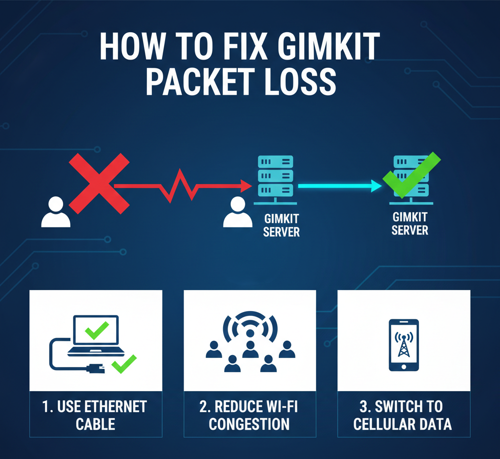 Guide to fixing Gimkit packet loss covering symptoms, network causes, bandwidth requirements, and troubleshooting solutions.