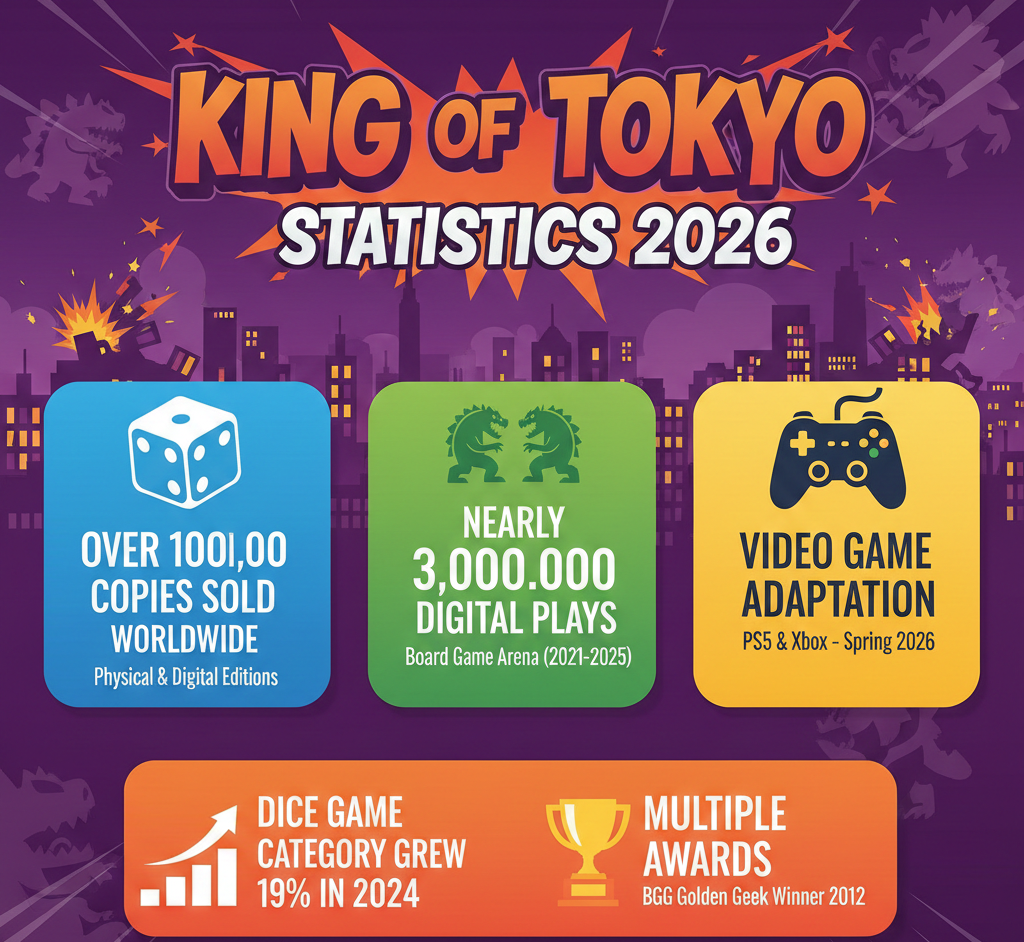 King of Tokyo statistics for 2026 covering 1M+ copies sold, 2.7M Board Game Arena plays, BGG ratings, awards history, and upcoming video game adaptation.