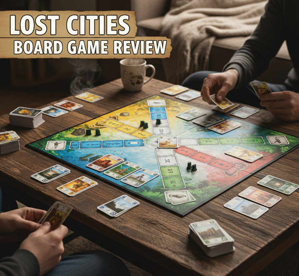 Lost Cities board game review covering rules, scoring mechanics, components, pros and cons, and comparisons to similar two-player card games.