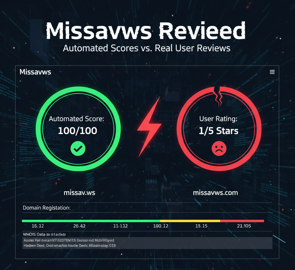 Safety analysis of Missavws comparing automated trust scores with negative user reviews and domain registration details.