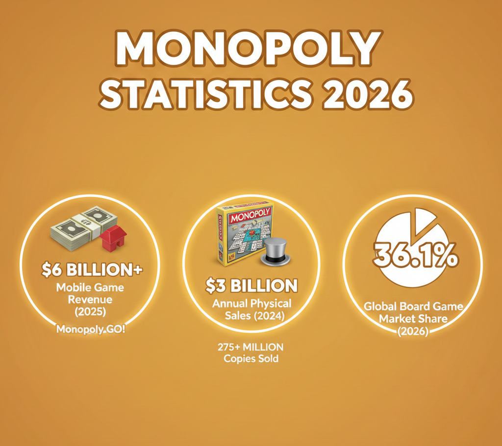 Monopoly statistics for 2026 covering $6B Monopoly GO! revenue, 275M physical copies sold, 36.1% market share, and Hasbro earnings data.