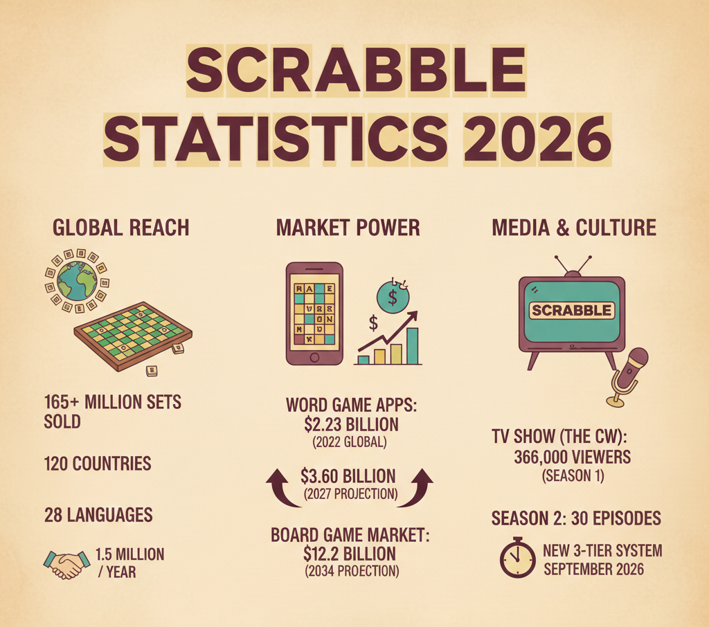 Scrabble statistics for 2026 covering 165M lifetime sales, word game app market data, Hasbro financials, and CW game show performance.