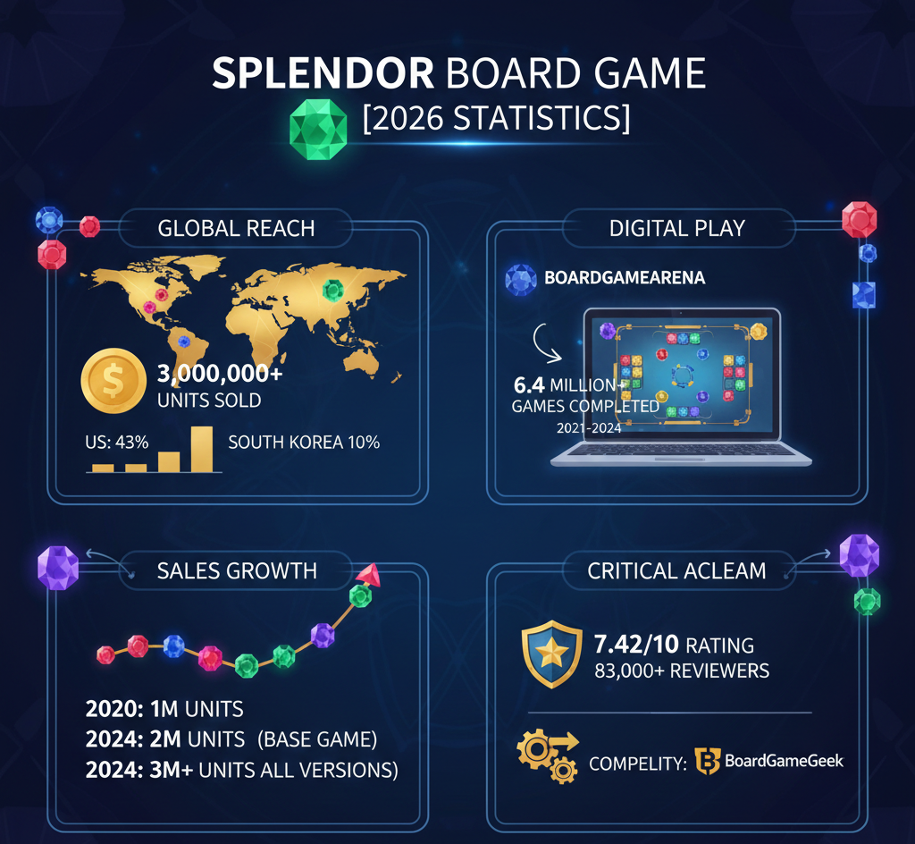 Splendor board game statistics for 2026 covering 3M+ units sold, regional sales breakdown, BoardGameArena engagement, and BGG ratings.