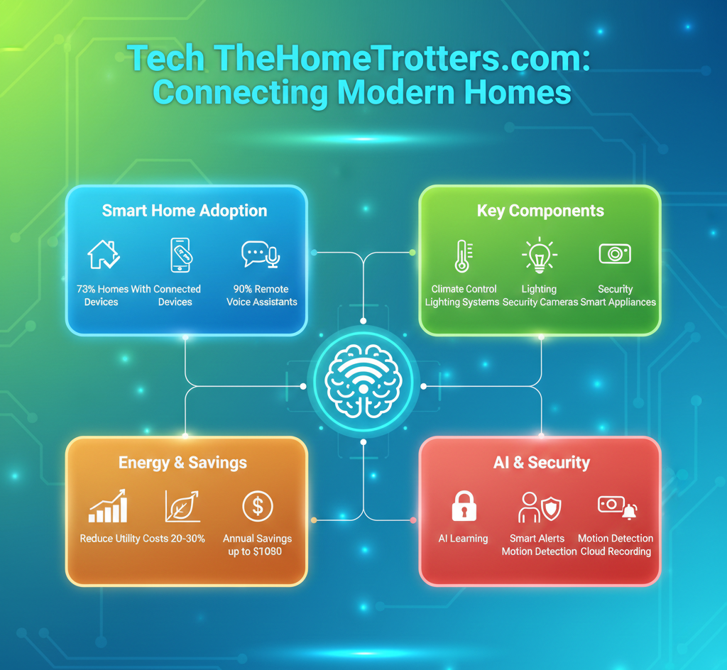 Tech TheHomeTrotterscom smart home guide with 73% adoption rate, device penetration breakdown, security market share, and cost-savings comparison.