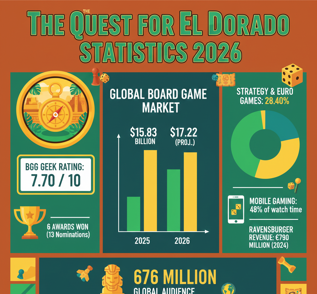 The Quest for El Dorado statistics for 2026 covering BGG ratings, award history, Ravensburger financials, and global board game market trends.