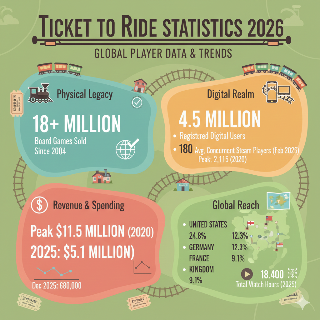 Ticket to Ride statistics for 2026 covering 180 Steam concurrent players, 18M physical copies sold, digital revenue trends, and regional interest data.