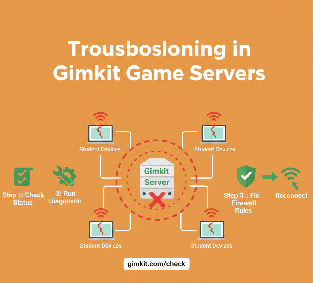 Gimkit game server troubleshooting guide covering status checks, firewall rules, WebSocket fixes, and diagnostic tool usage.