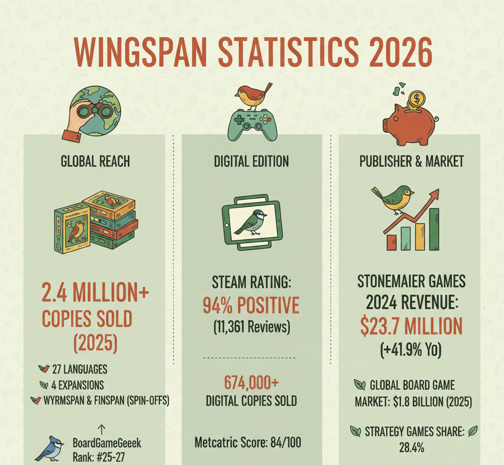 Wingspan statistics for 2026 covering 2.4M copies sold, expansion sales, Stonemaier revenue, digital edition performance, and market positioning.