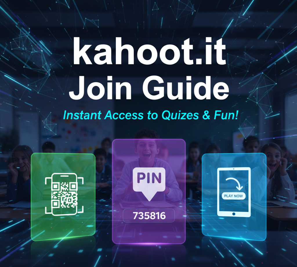 Kahoot.it Join guide showing how to enter a game using a PIN, direct link, or QR code on any device.