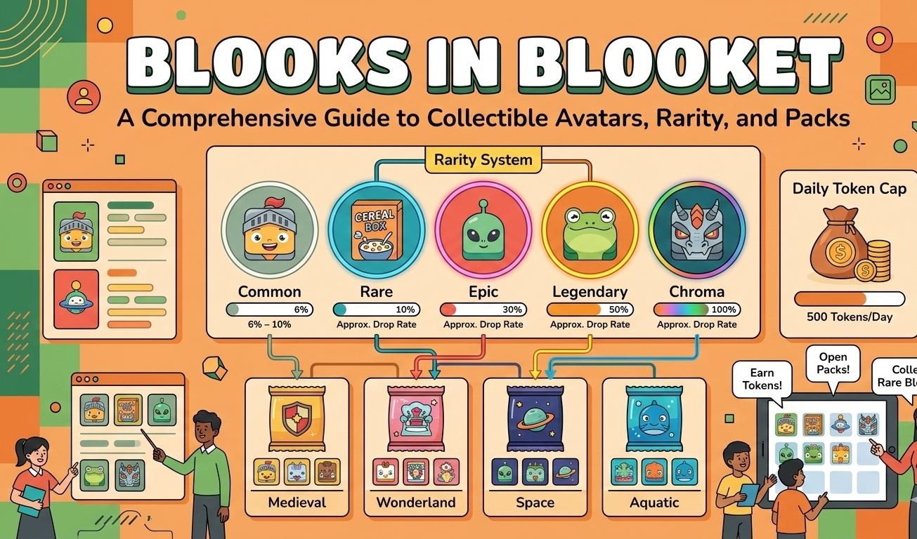 Blooket blooks guide covering rarity tiers, drop rates, token-earning strategies, pack contents, and methods for collecting rare and Chroma characters.