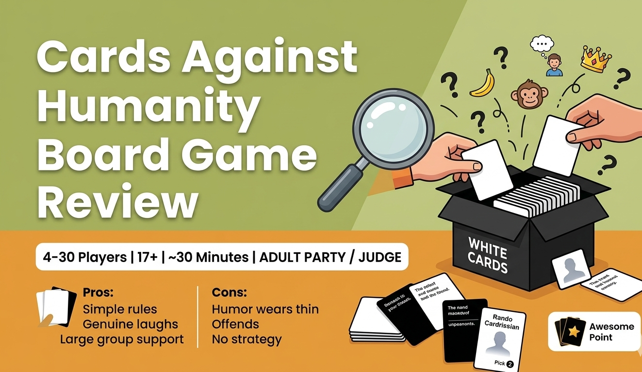 Cards Against Humanity board game review covering gameplay mechanics, 4–30 player support, components, pros and cons, purchase options, and comparisons to similar party games.