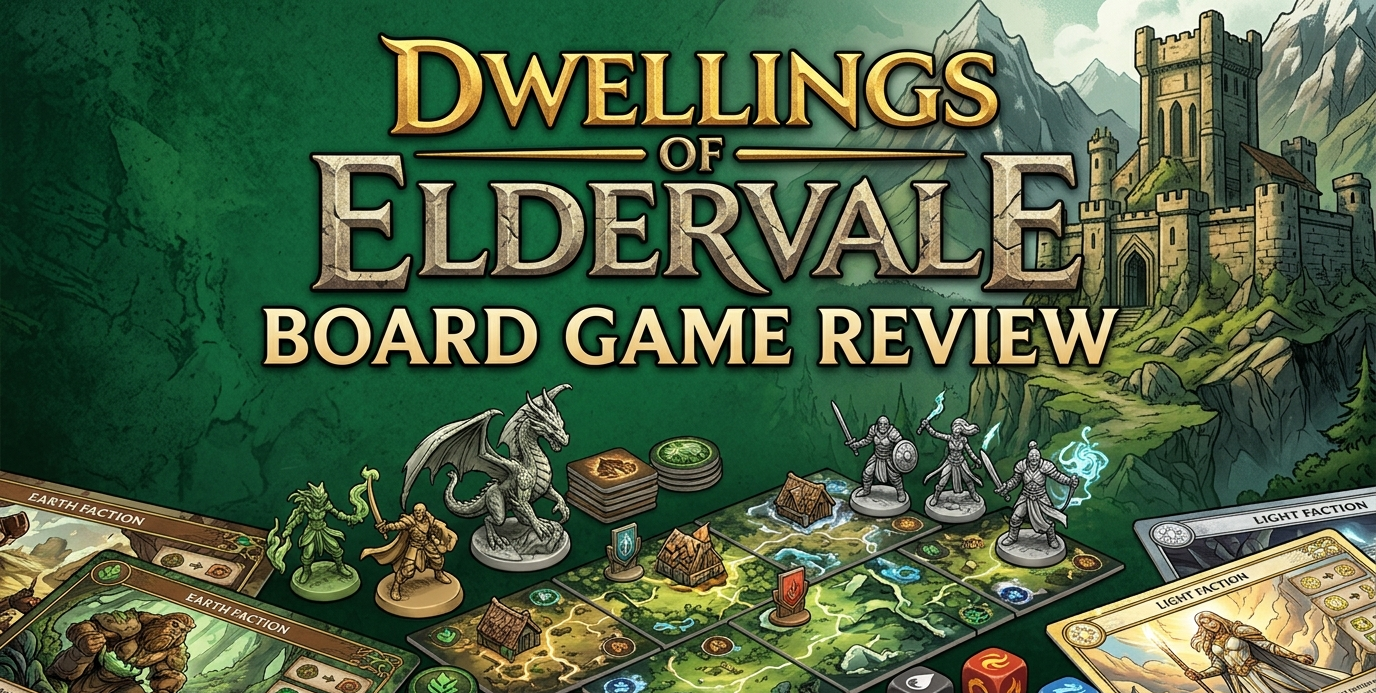 Dwellings of Eldervale board game review covering 1–5 player worker placement and area control mechanics, 16 asymmetric factions, placement-regroup gameplay loop, dice-based combat, Standard vs Legendary Edition components, solo mode, and India pricing from ₹8,400 to ₹27,373.