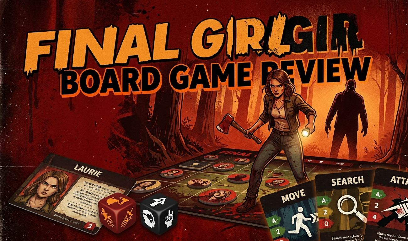 Final Girl board game review covering solo-only slasher horror gameplay, Core Box plus Feature Film Box purchase requirement, push-your-luck dice mechanics, terror card system for killer behavior, mix-and-match scenario combinations, and India pricing.