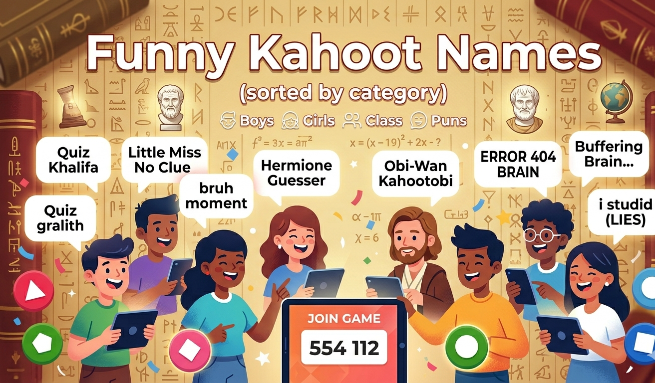 Funny Kahoot names list for 2026 with 40+ usernames across boys, girls, class, and pun categories, popularity chart showing wordplay at 82% and pop culture at 71%, plus tips on the 15-character limit and nickname filter system.