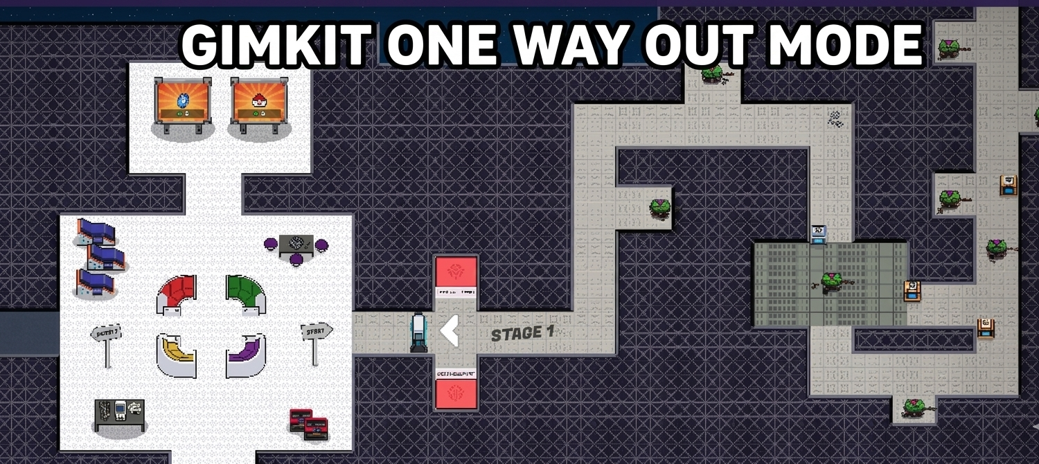 Gimkit One Way Out guide covering cooperative spaceship escape gameplay, session setup, gadget costs, difficulty settings, and map exploration tips.