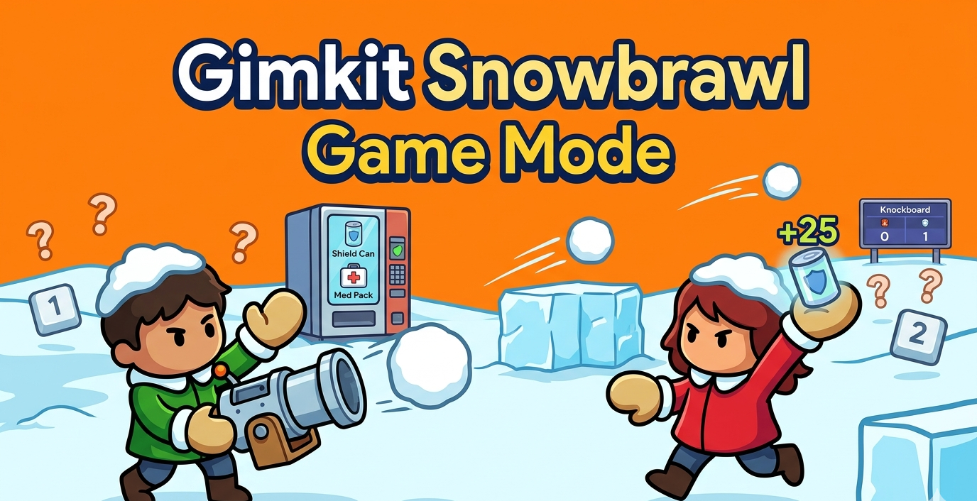 Gimkit Snowbrawl guide covering PVP mechanics where players earn snowballs through correct answers, Shield Can and Med Pack consumables from vending machines, WASD movement controls, Team vs Free-for-All formats, and gameplay tips.