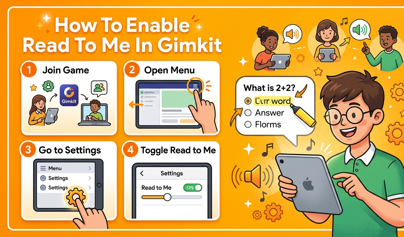 Gimkit Read to Me guide covering student-controlled activation steps, audio replay options, language support limitations, troubleshooting tips, and accessibility benefits for early readers and students with reading difficulties.
