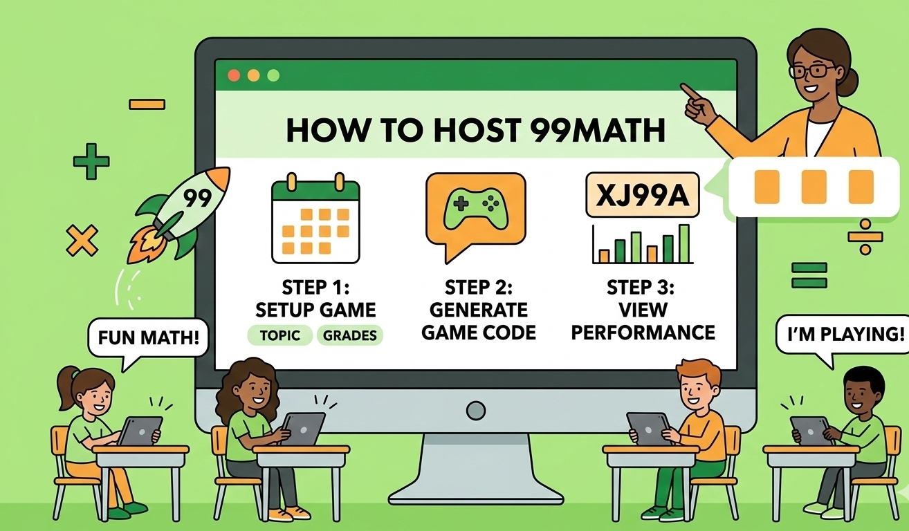 99math hosting guide covering account setup, session configuration, live game management, post-game analytics, and troubleshooting tips for classroom math competitions.