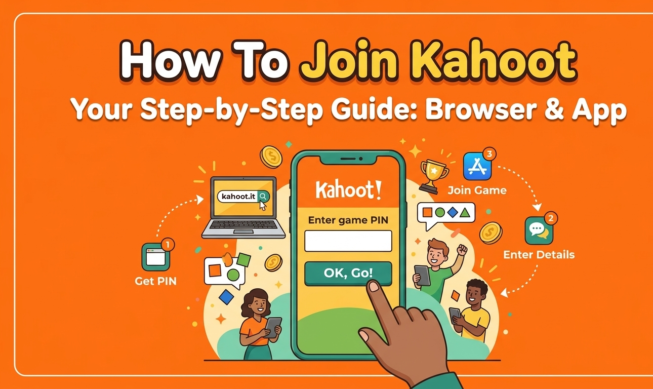 Kahoot join guide covering PIN entry steps via browser and app, game code basics, account requirements, common troubleshooting fixes, and user growth statistics.