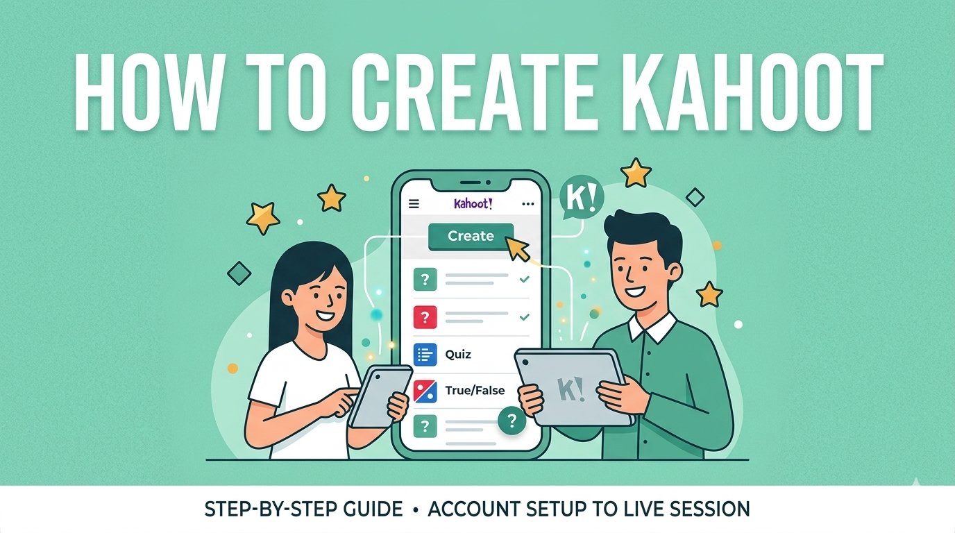 Kahoot creation guide covering account setup, free vs paid features, step-by-step quiz building, visibility settings, and hosting instructions.