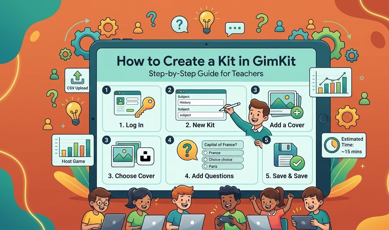 Gimkit kit creation tutorial covering dashboard setup, question writing, cover image selection, estimated build times, and post-creation uses like live games and assignments.
