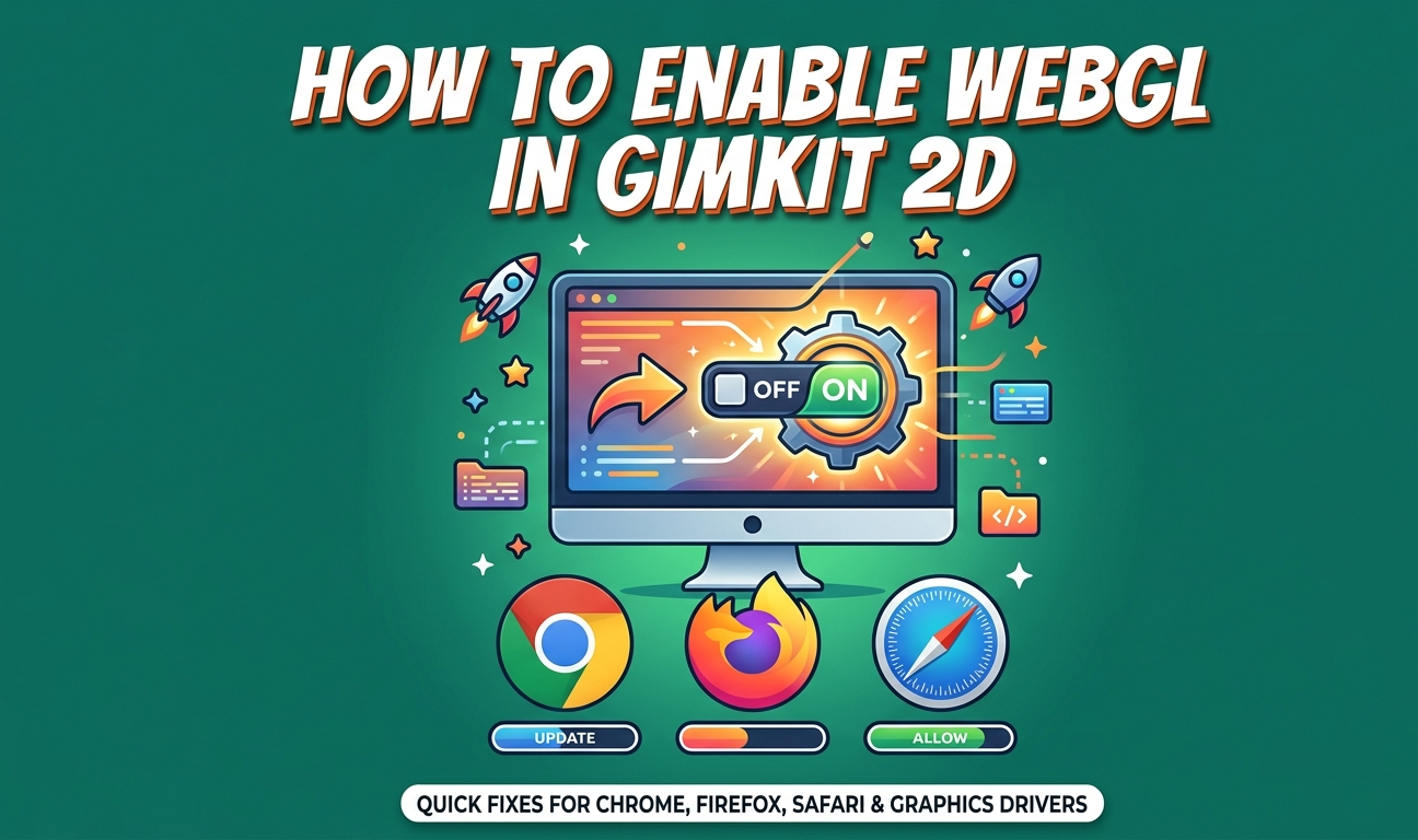 Gimkit WebGL troubleshooting guide covering browser-specific enable steps for Chrome, Firefox, and Safari, graphics driver updates, and school admin policy fixes for 2D game mode loading issues.