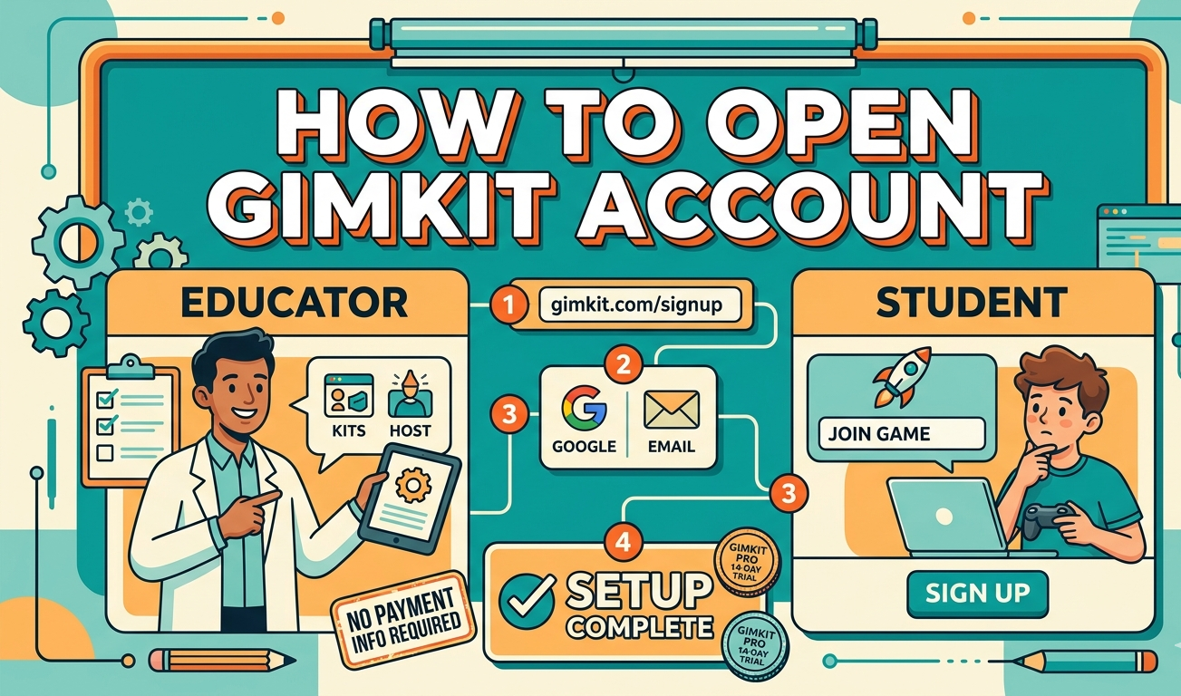 Gimkit account setup guide covering sign-up steps, educator vs student account requirements, 14-day Pro trial details, and free vs paid feature comparison.