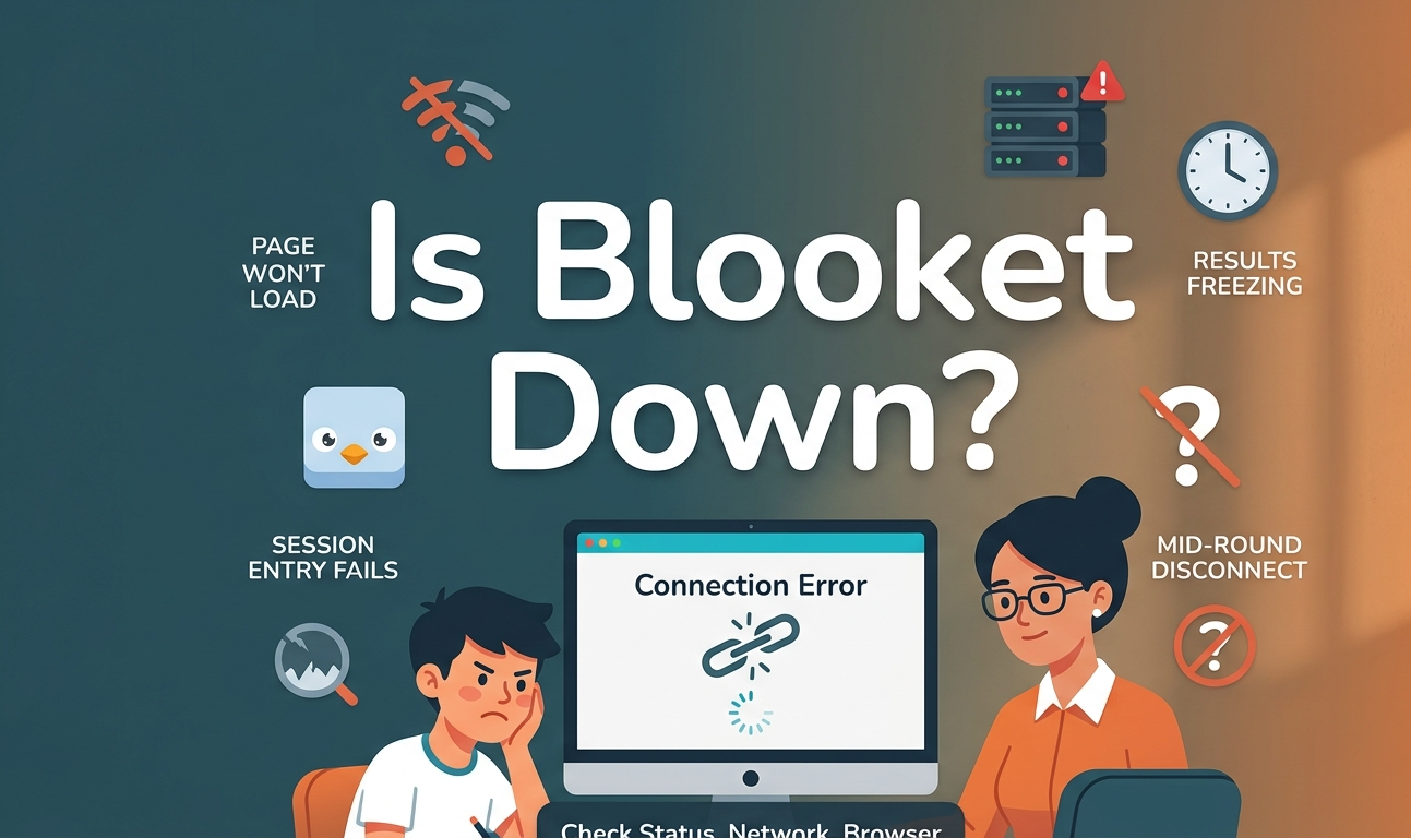 Blooket troubleshooting guide covering four common failure types with page loading at 36% and session entry at 27%, diagnostic steps using debug.blooket.com, browser and cache fixes, school network filter solutions, and solo mode alternatives during outages.
