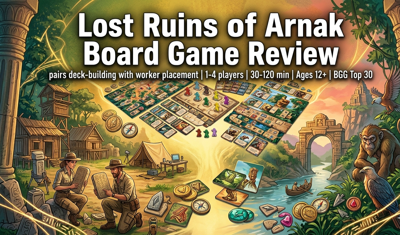 Lost Ruins of Arnak board game review covering deck-building and worker placement mechanics, 1-4 player gameplay across five rounds, component quality, dual-use card system, research track strategy, three expansions including Twisted Paths (2025), and India retail pricing.