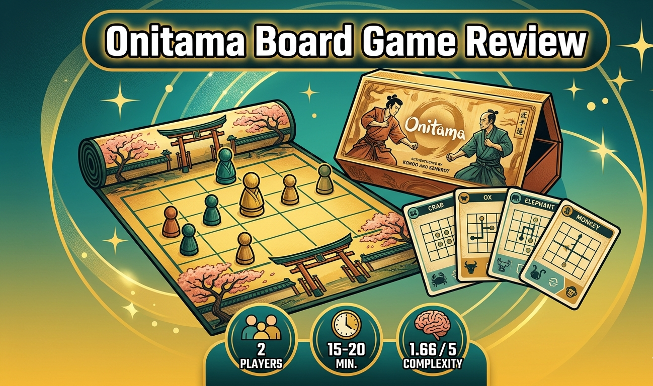 Onitama board game review covering 2-player abstract strategy gameplay on a 5x5 grid, movement card rotation mechanics, box components, dual win conditions, pros and cons, comparison to Chess and Hive, and expansion availability.