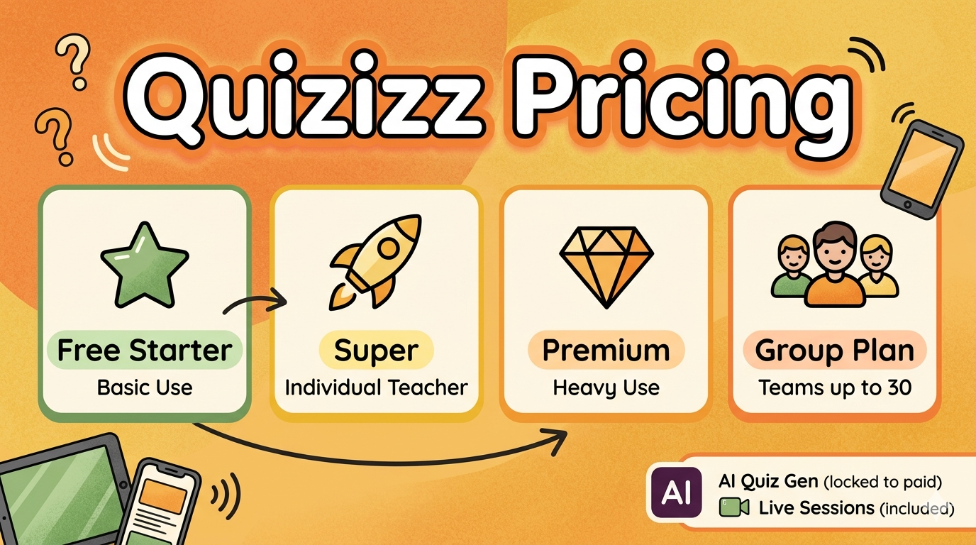 Quizizz pricing guide for 2026 covering four tiers from free Starter to $50/month Essentials, seven-day trial and refund window, comparison to Kahoot, Quizlet, and Socrative starting prices, and platform reach across 80% of US K-12 schools.
