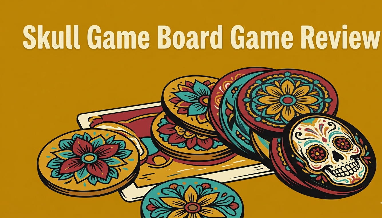 Skull board game review covering bluffing mechanics with flower and skull discs, player count recommendations favoring 5-6 players, pros and cons, how-to-play guide, and India retail pricing.
