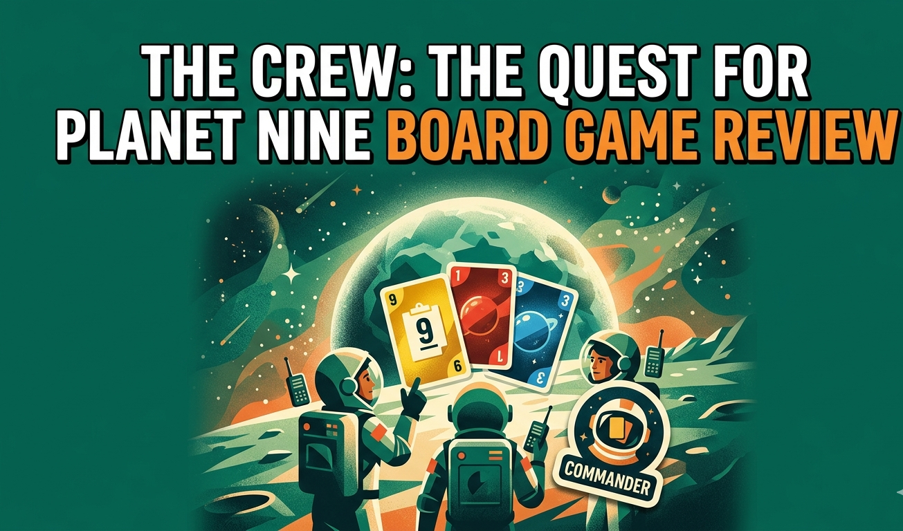 The Crew: The Quest for Planet Nine board game review covering cooperative trick-taking gameplay, 50-mission campaign structure, communication restriction mechanics, component quality, player count recommendations, and comparison to similar games.
