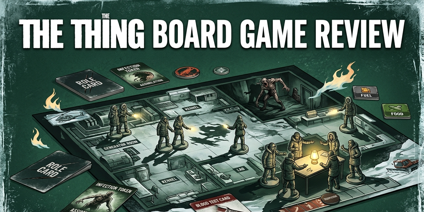 The Thing board game review covering 1-8 player hidden-role survival gameplay based on the 1982 film, base management mechanics, suspicion and blood test systems, three escape routes, comparison to Battlestar Galactica, and pricing across retailers.
