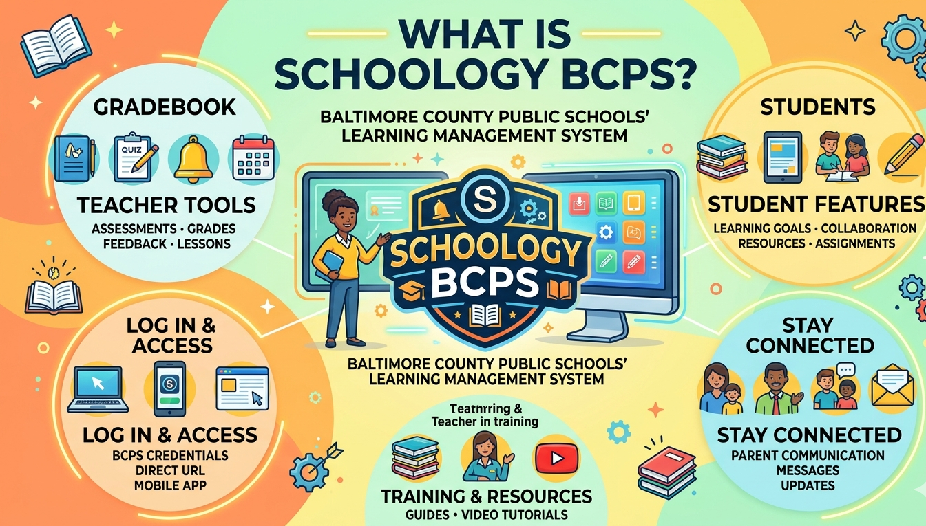 Schoology BCPS guide covering login methods, teacher features like grade tracking and assessments, ISTE standards alignment, 2025–26 course updates, and training resources for Baltimore County Public Schools users.