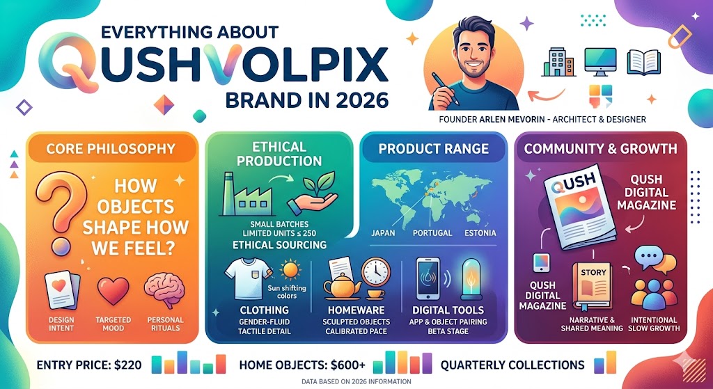 Minimalist editorial layout describing Qushvolpix brand, its founder, product categories, pricing chart, and design philosophy in a clean serif-styled article format