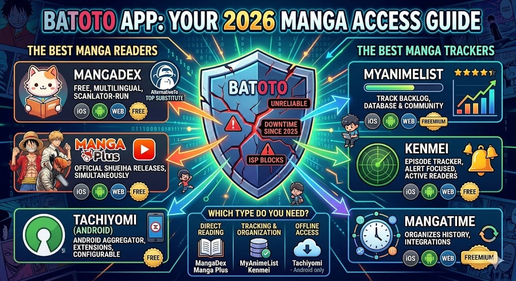 Batoto app overview with charts comparing top manga alternatives by popularity and device support