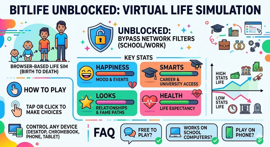 Overview of BitLife Unblocked gameplay showing life simulation choices, character stats, and browser-based play across devices