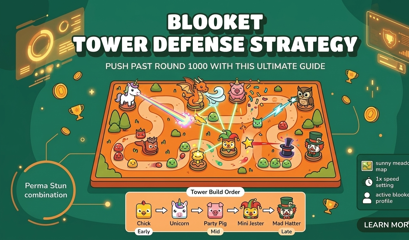 Blooket Tower Defense strategy guide covering tower placement order, upgrade paths for Unicorn through Mad Hatter, and the Perma Stun combo for reaching round 1000.