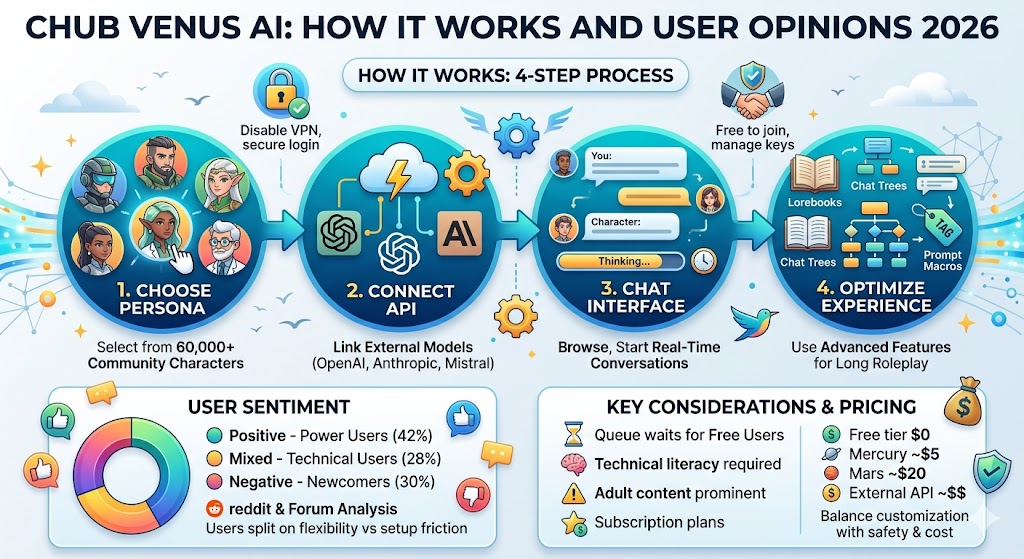 Overview of Chub Venus AI, showing platform features, pricing tiers, community sentiment, and comparison with rival AI chat platforms.