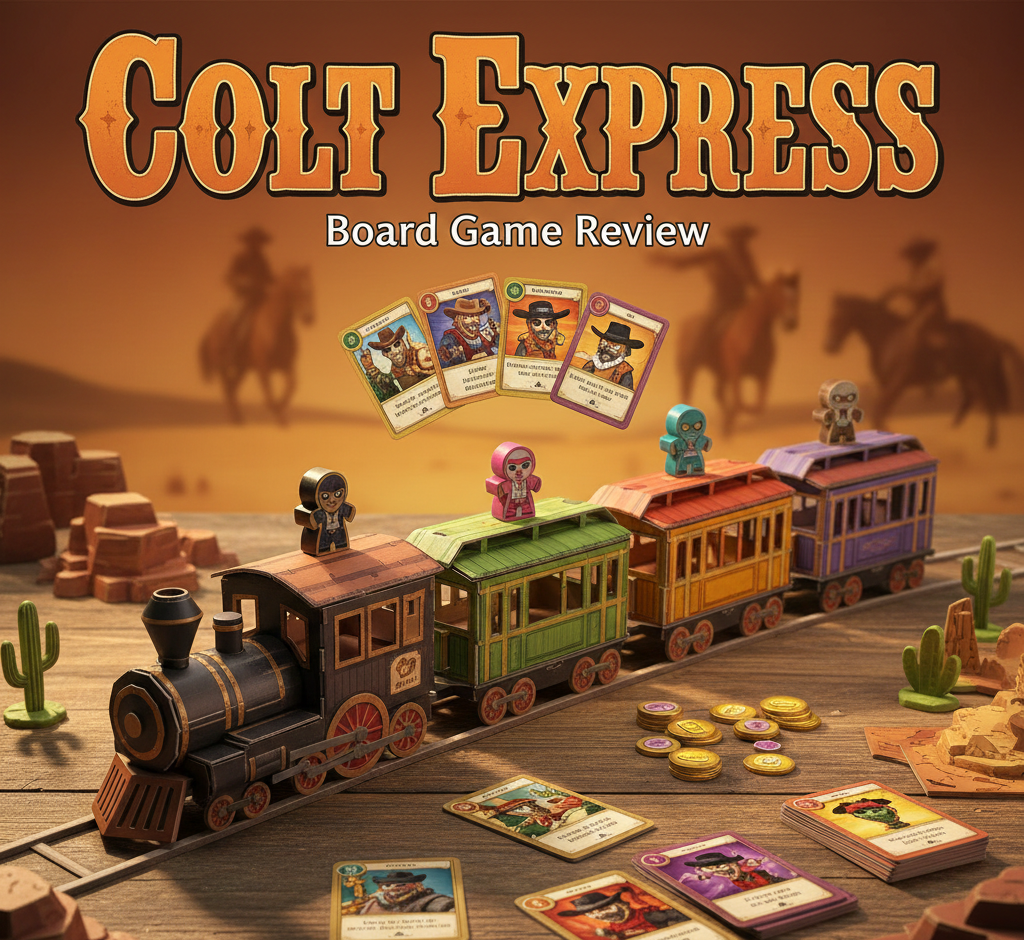 Colt Express board game review covering programmed movement mechanics, 3D train components, Wild West heist gameplay, pros and cons, and player count recommendations.