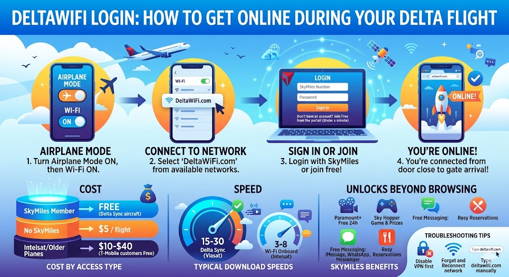 DeltaWiFi login steps showing how passengers connect to onboard internet, pricing tiers, and Wi-Fi speed comparison on Delta flights
