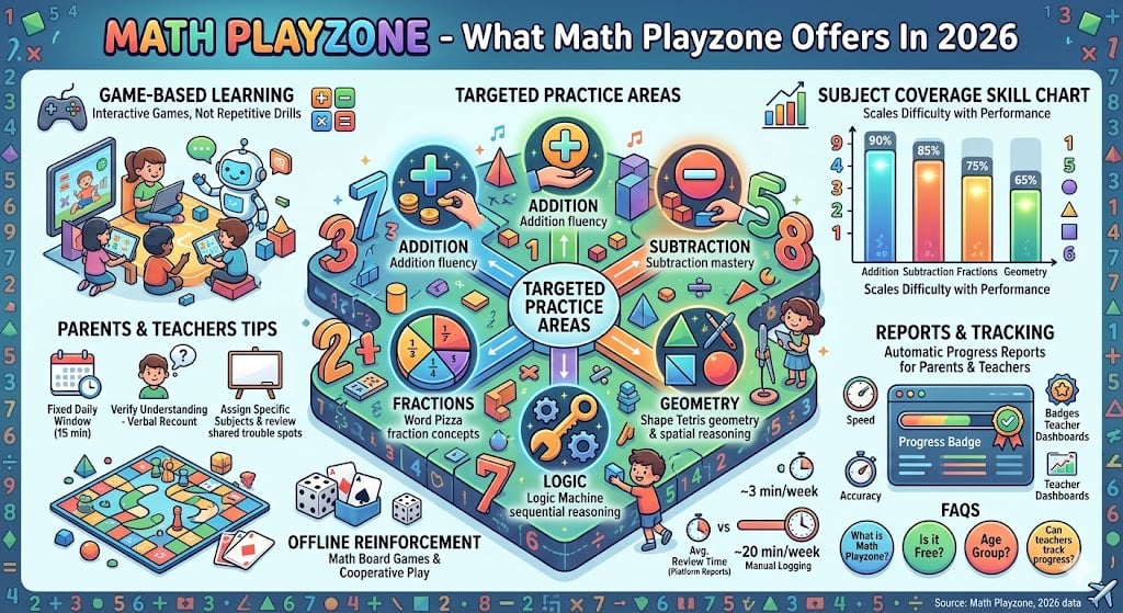 "Math Playzone interactive games for kids covering addition, subtraction, fractions, geometry, and logic with progress tracking."