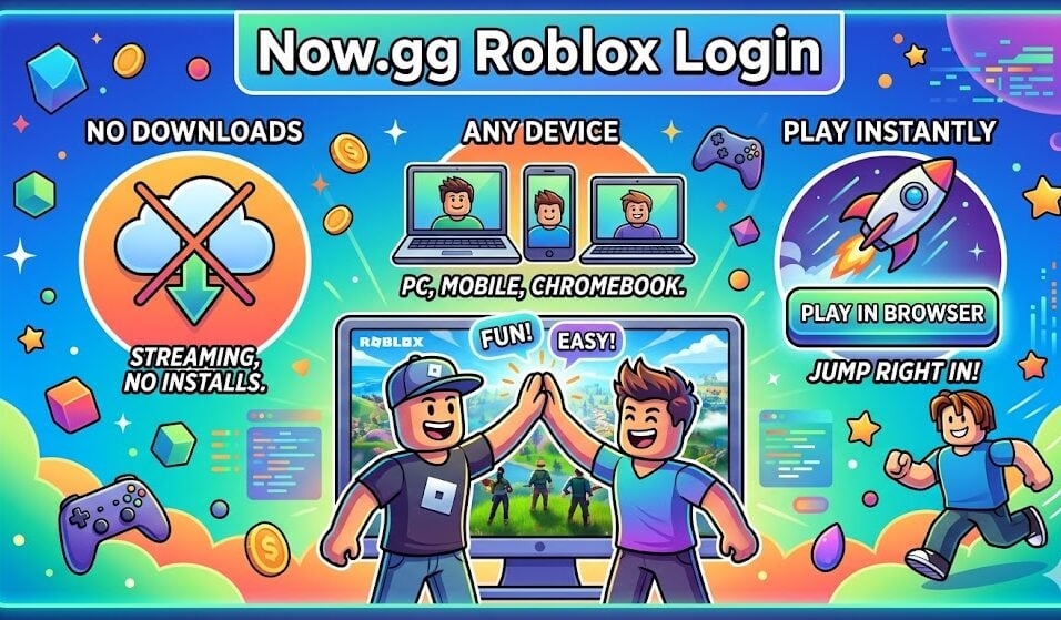 Infographic explaining how Now.gg Roblox login works, supported devices, bandwidth requirements, safety tips, and common browser streaming issues.