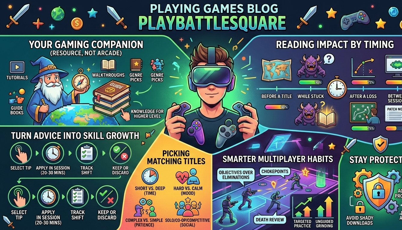 PlayBattleSquare guide explaining the gaming blog's purpose, skill-building methods, game selection tips, multiplayer habits, and online safety practices.