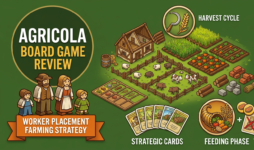 Agricola board game review covering Uwe Rosenberg's 2007 worker placement farming game in 2016 Revised Edition from Lookout Games, 1-4 players, 30 minutes per player, 3.64/5 complexity, 120 Occupation and Minor Improvement cards, Family Variant for beginners, and Indian pricing from ₹5,499 to ₹13,000 for 15th Anniversary Edition.