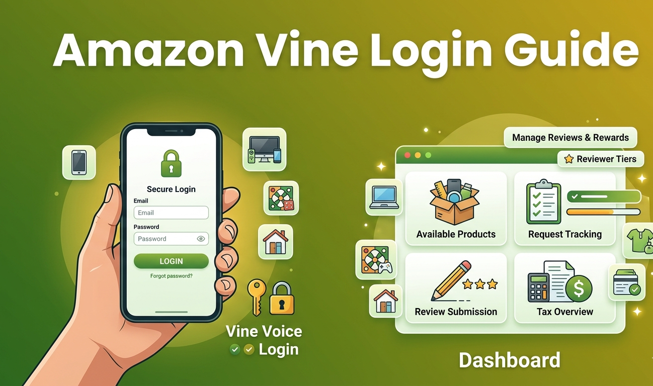 Amazon Vine login guide covering invite-only reviewer program at vine.amazon.com, Silver and Gold tiers with 3 versus 8 daily item limits, seller fees from $0 to $200 based on units enrolled, Review Insightfulness Score introduced June 2025, and 1099-NEC tax filing for reviewers receiving $600+ annually.